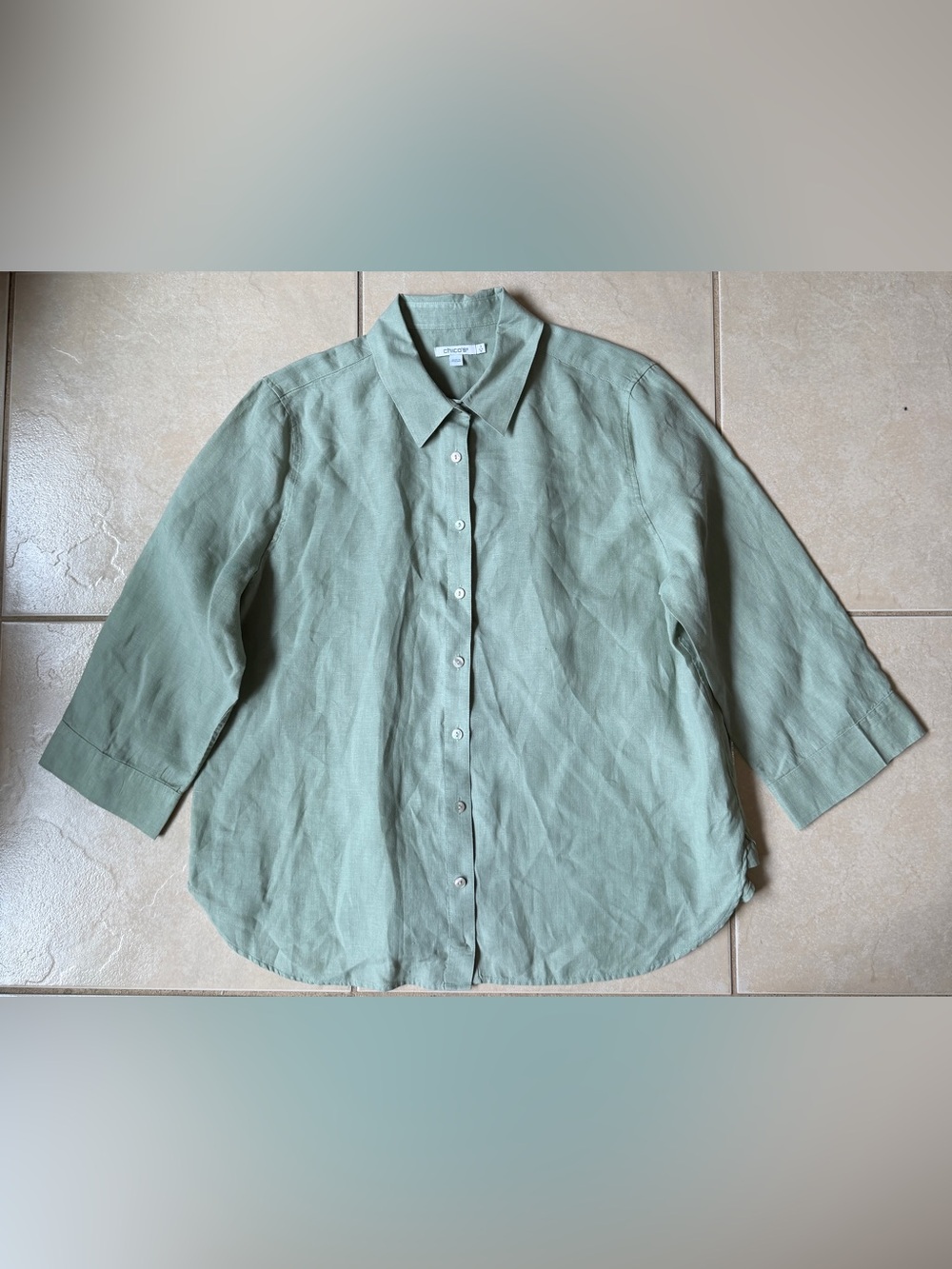 Chico's Women's Linen Size 16 Sage Green 3/4 Sleeve Button Down Shirt